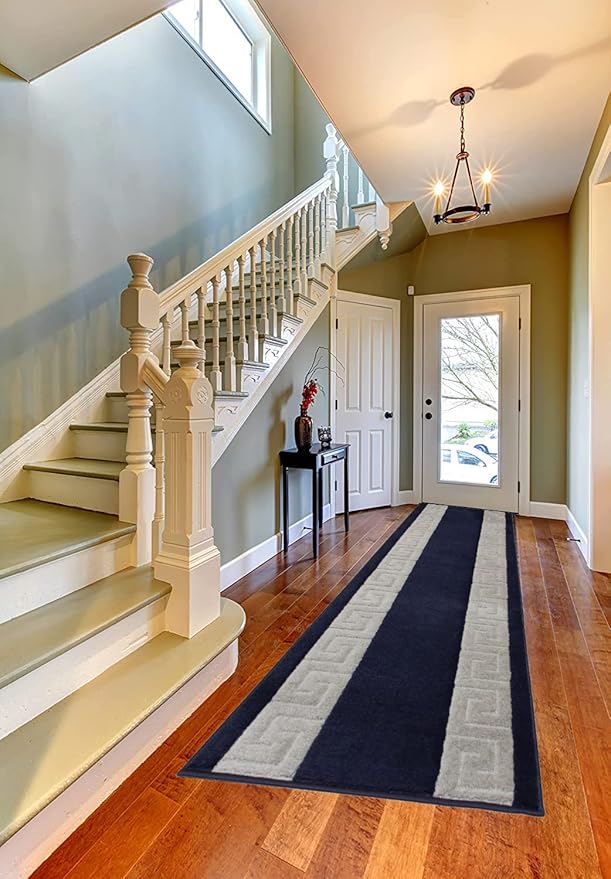 Washable Custom Size Runner Rug Meander Design Navy Blue and Grey, (13 Feet Length x 26 Inch Width) Custom Cut Slip Resistant Rubber Backing Runner Rugs, Extra Long Runner Rugs for Hallways