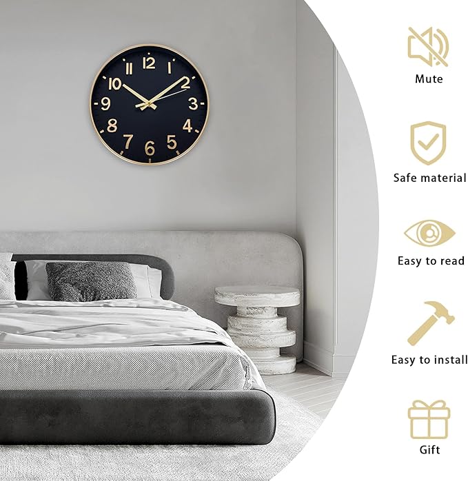 HZDHCLH Wall Clocks Battery Operated,Wall Clock Black Gold,12 inch Wall Clock Silent Non Ticking Modern 3D Numbers for Kitchen Bedroom Living Room Office Classroom Decor