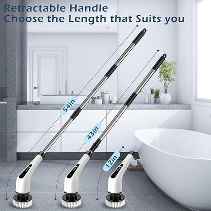Electric Spin Scrubber, Cordless Cleaning Brush Scrubber for Home, 8 Replaceable Brush Heads-90Mins Work Time, 3 Adjustable Size, 2 Speeds for Bathroom Shower Bathtub Glass Car