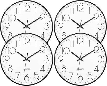 Lumuasky 4 Pack Wall Clock,12 Inch Silent Battery Operated Non Ticking Quartz Round Analog Classic Clock Modern Design for Home Office Classroom School Living Room Bedroom