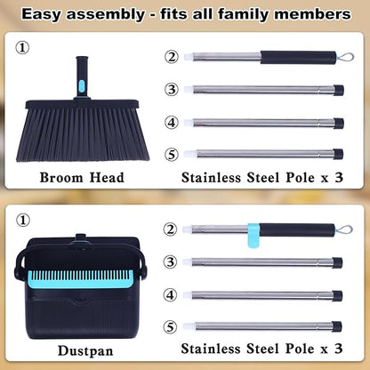 Upgrade Broom with Dustpan Combo Set Heavy Duty, Ergonomic Adjustable Handle, Cleaning Teeth, Ideal for Pets, Indoor and Outdoor Sweeping（Black）