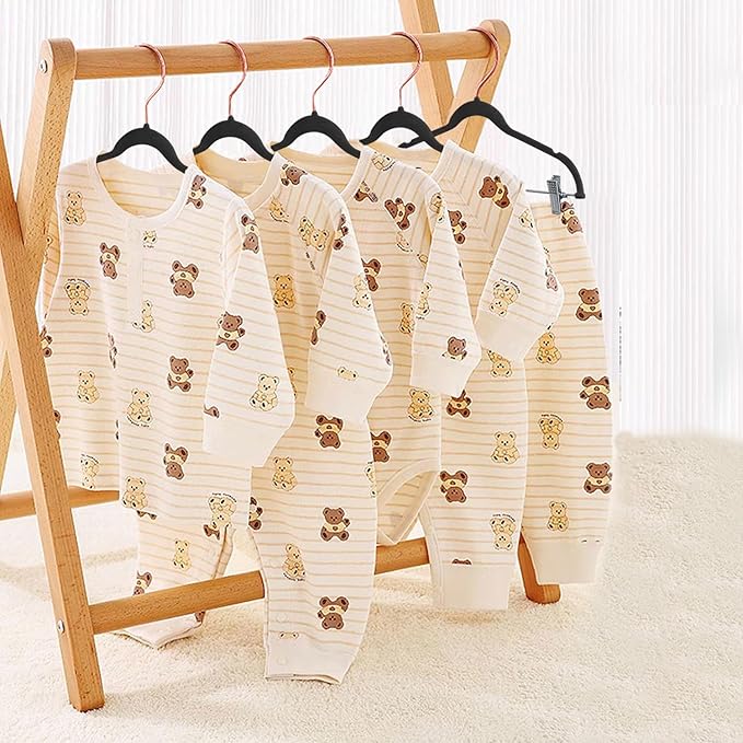 Baby Hangers with Clips, 14 Packs Kids Velvet Clothes Hangers, Heavy-Duty Childrens Pant Hangers for Shirts, Pants, Skirts, Dresses, Jackets, Coat Black - Rose Gold Hook