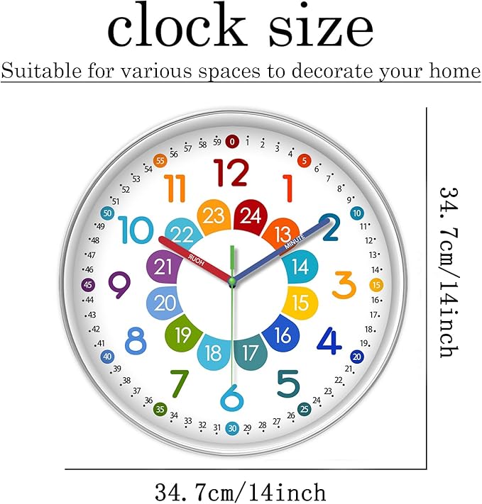XFM Kids Wall Clock for Bedroom 14 Inch Round Colorful Learning Clock Children's Silent Non-Ticking Educational Analog Clock for Boys and Girls Classroom Home Decor
