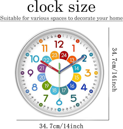 XFM Kids Wall Clock for Bedroom 14 Inch Round Colorful Learning Clock Children's Silent Non-Ticking Educational Analog Clock for Boys and Girls Classroom Home Decor