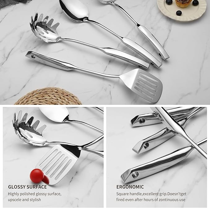 304 Stainless Steel Kitchen Utensils Set 9 Pcs Cooking Utensil Set, 15 Inches All Metal Cooking Tools Wok Kitchen Cookware Set with Spatula Useful Pots and Pans Accessories