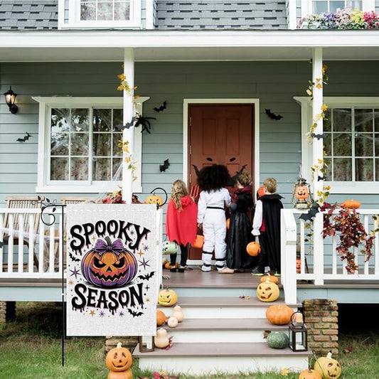 Fokongna Spooky Season Garden Flag, Halloween Scary Pumpkin Bat Decor Flag, 12x18 Inch Burlap Vertical Double Sided Flags, for Home Yard Outside Decorations