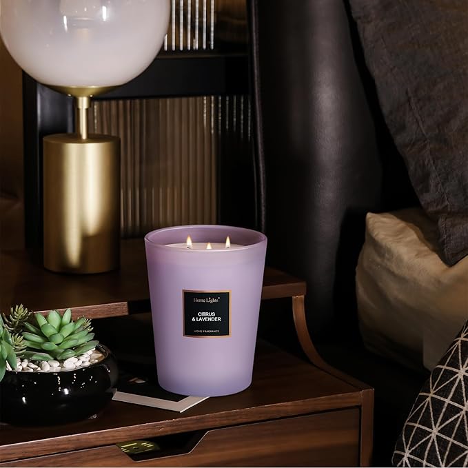 HomeLights Scented Candles - Large Jar Aromatherapy, Natural Soy Wax, 130 Hour Long Burning, Citrus & Lavender