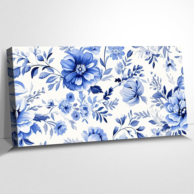 CanvasGarden Floral Canvas Wall Art, Blue Floral Pattern Watercolor Poster Varied Blooms Botanical Soft Flower Home Decor, Framed Prints for Living Room Bedroom Office Decor, 32x16Inch