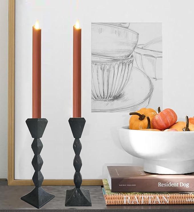 Antique Iron Taper Candle Holders - Set of 2 Decorative Candlesticks, Black Finish Candle Stand for Weddings, Dining, and Parties (Black, Square)