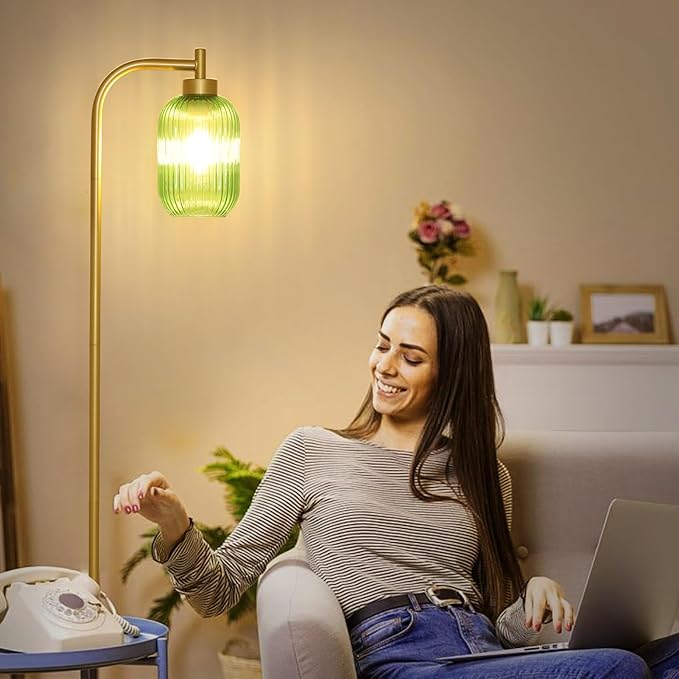 Glass Floor Lamp for Living Room, Modern Gold Standing Lamp with LED Bulb, Green Stripe Glass Shade, Foot Switch, Vintage Brass Tall Lamp, Minimalist Corner Pole Lamp for Bedroom Office