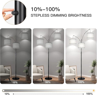 Dimmable Floor Lamp, 3 Lights Arc Floor Lamps for Living Room, Modern Tall Standing Tree Lamp with Gray Linen Shade & Heavy Base, Large Floor Lamp for Bedroom Office, 3x1000 LM LED Bulbs Included