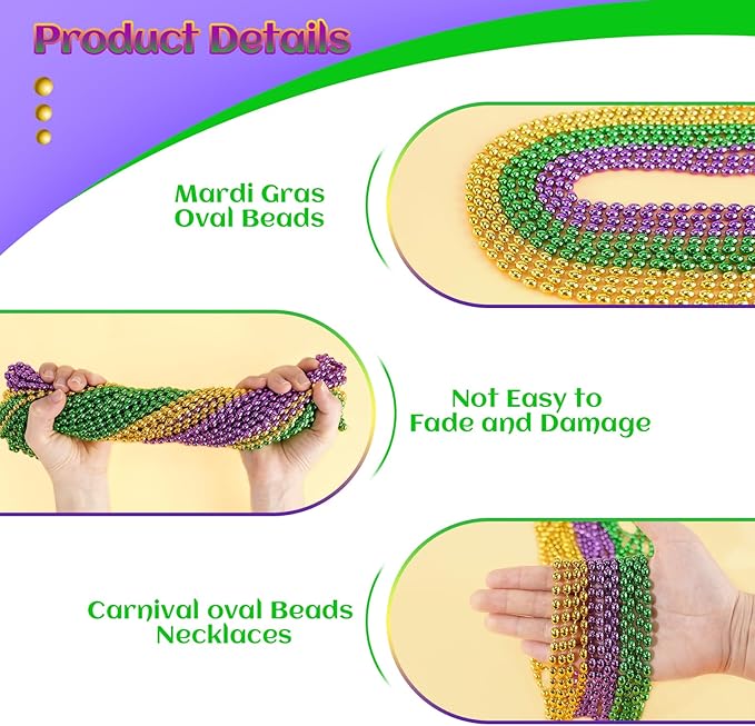 SHAOQINLIN 102 PCS Mardi Gras Beads, 30.5'' Metallic Gold Green Purple Mardi Gras Oval Beads Necklaces Mardi Gras Accessories Bulk Carnival Bead Necklace for Mardi Gras Parade Throws Party Favors