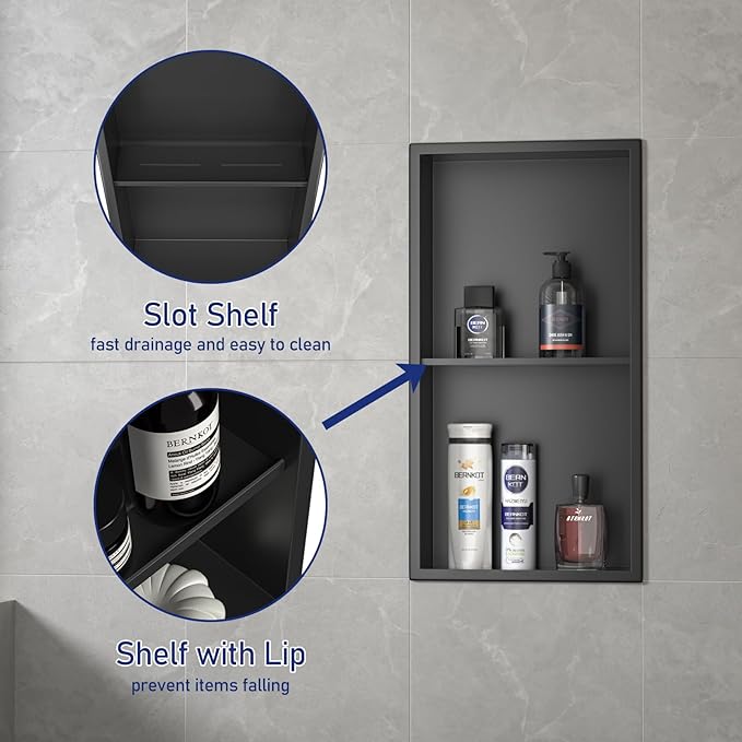 Stainless Steel Shower Niche 24" X 12" Matte Black No Tile Needed Niche Shower with Double Shelves Recessed Wall Niches for Bathroom Space Saving Over Mount Installation