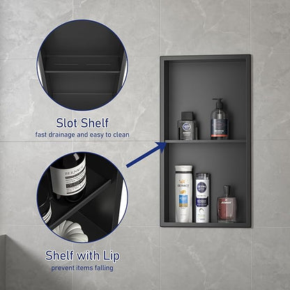 Stainless Steel Shower Niche 24" X 12" Matte Black No Tile Needed Niche Shower with Double Shelves Recessed Wall Niches for Bathroom Space Saving Over Mount Installation