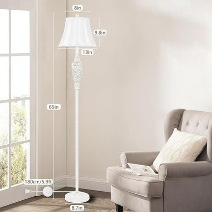 65’’ Vintage Floor Lamp for Living Room, Traditional White Standing Lamp with Carved Resin Base and Foot Switch, Classic Farmhouse Tall Pole Lamp, Bedroom, Office