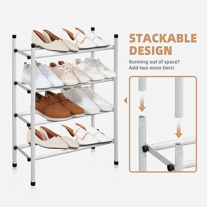 STORAGE MANIAC Expandable Shoe Rack, 8 Pairs Stackable Small Shoe Rack, Metal Adjustable Shoes Organizer for Closet, Entryway, Hallway, Garage, Front Door, Shoes Shelves, White 2 Tier