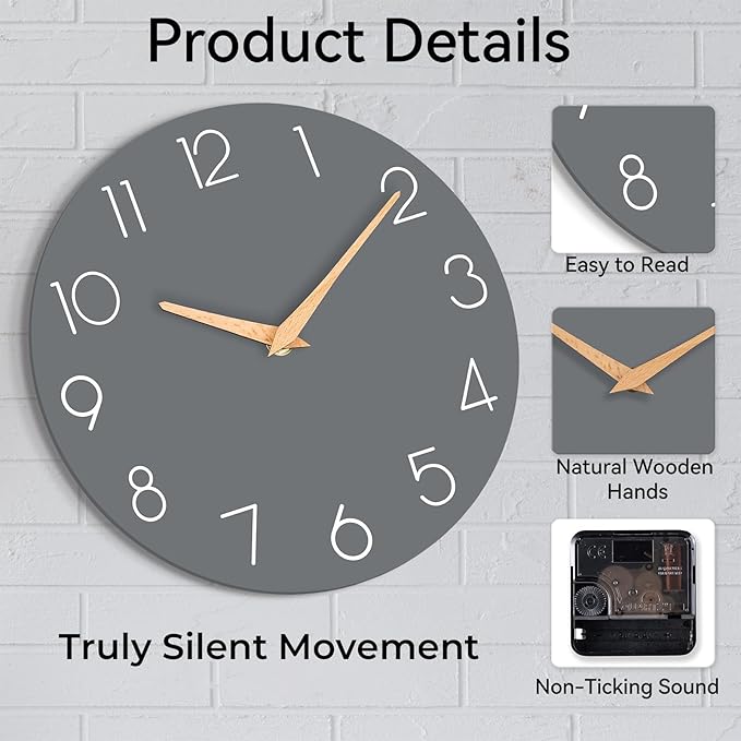 Wall Clock, Gray Silent Non-Ticking, Decorative Battery Operated Wall Clocks for Bedroom, Kitchen, Home, Office, School, Hotel (8 Inch)