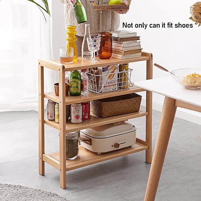 4 Tier Solid Wood Shoe Rack, Free Standing Shoe Rack for Entryway, Hallway, Closet, Living Room, Beech Wood, 11.02" x 25.6" x 27.56", Natural