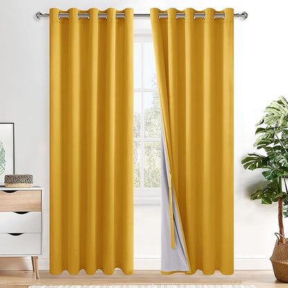 XWZO 100% Blackout Curtain Panels - Thermal Insulated Black Liner Curtains, Noise Reducing and Heat Blocking Drapes for Hall and Studio Windows with Tiebacks, Yellow, W60 x L84, Set of 2