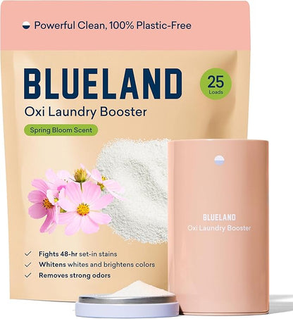 BLUELAND Oxi Laundry Booster Powder with Tin, Starter Set, Spring Bloom Scent, 25 Loads, 17.6 oz, Plastic-Free, Eco Friendly, Oxy Cleaner, Stain Remover
