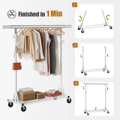 Heavy Duty Clothes Rack Load 530 LBS Metal Clothing Garment Rack Hang 200 pieces of clothing on Wheels Collapsible Rolling Portable & Adjustable with Hook for Hanging Clothes White