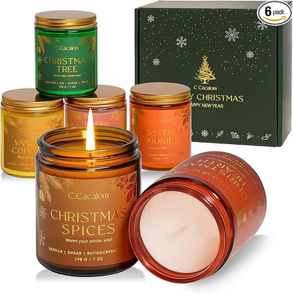 6 Pack Christmas Candles Gift Set, Scented Candles for Home, Soy Wax Luxury Decorative Candle Holiday Gift Set, Christmas Tree/Cookies/Hearth/Apple Cider/Spices/Vanilla Jar Candle