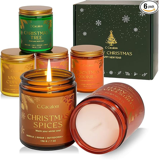 6 Pack Christmas Candles Gift Set, Scented Candles for Home, Soy Wax Luxury Decorative Candle Holiday Gift Set, Christmas Tree/Cookies/Hearth/Apple Cider/Spices/Vanilla Jar Candle