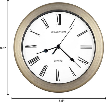 JUSTIME 8.5 inch Brushed Metal Water Resistant Wall Clock, Special for Small Space, Office, Boats, RV (WM86-RB-R Retro Bronze)