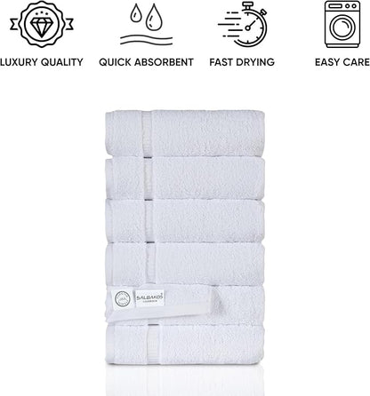 SALBAKOS 100% Turkish Cotton Hand Towel Set of 6 16x30 inch | Heirloom Quality | Hotel & Spa Collection | Ultra Soft, Super Absorbent, Long Lasting Hand Towels | Made in Turkey (White, 6 Hand Towels)