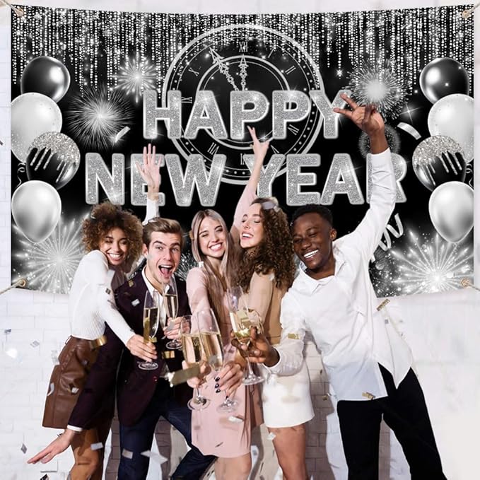 Black Silver Happy New Year Backdrop 2026 Kiss Me at Midnight Photography Background Cheers to The New Year Eve Hello 2026 Party Decorations Firework Banner Photo Props 7X5ft