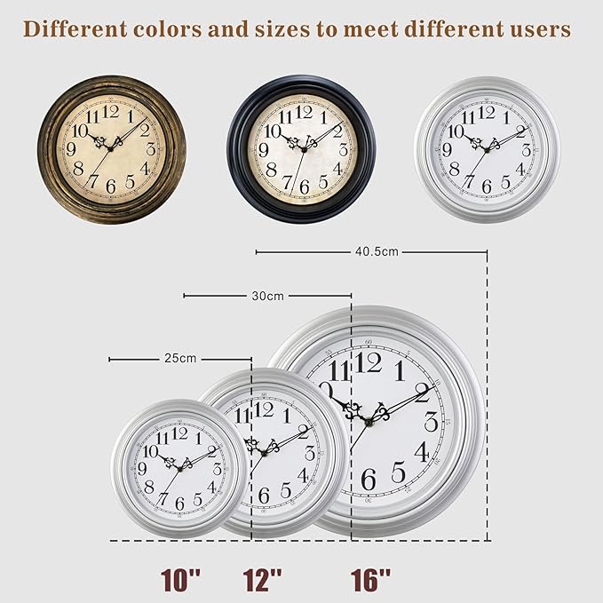 Plumeet Small Retro Wall Clock, 10'' Non Ticking Classic Silent Vintage Wall Clocks Decorative Kitchen Living Room Bedroom - Battery Operated, Silver