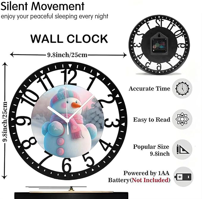 Wall Clock 10 Inch Silent Non-Ticking Modern Clocks Battery Operated - Analog Small Classic for Office, Home, Living Room,Bathroom, Kitchen, Bedroom, School,Snowman Clock