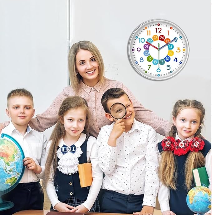 XFM Kids Wall Clock for Bedroom 14 Inch Round Colorful Learning Clock Children's Silent Non-Ticking Educational Analog Clock for Boys and Girls Classroom Home Decor