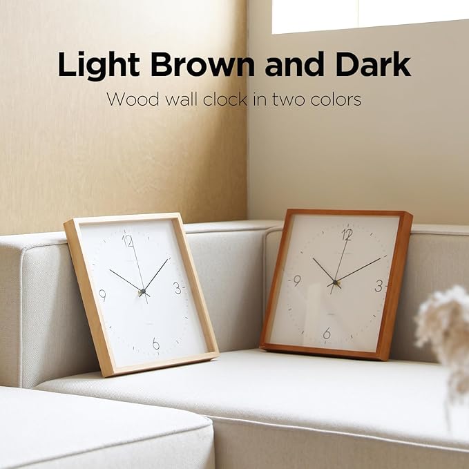 mooas Wooden Frame Flatwood Wall Clock,12" Non-Ticking Sweep Movement Decorative Battery Operated Wall Clock for Home Living Room Kitchen Bedroom Office School (Dark Brown)