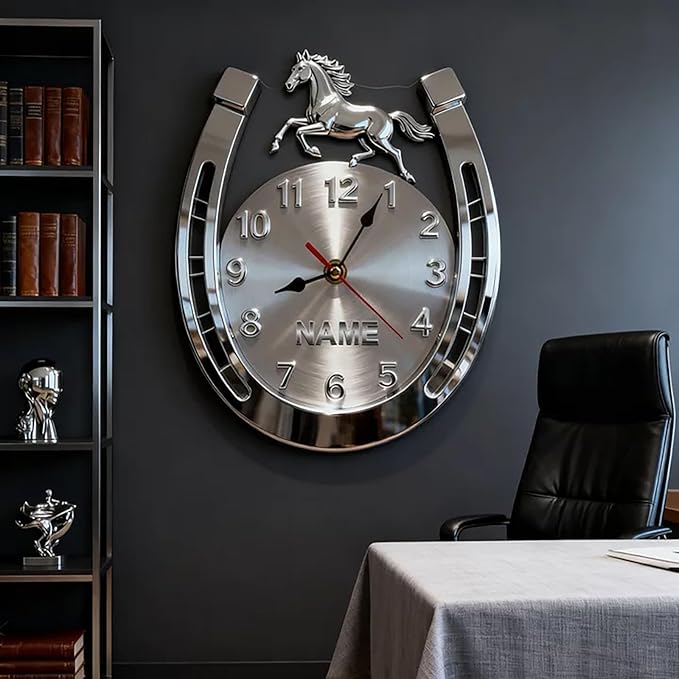 Personalized Horseshoe Name Wall Clock for Horse Lovers Acrylic 2D Printing Customizable Horseshoe Clock with Name 10/12/14/16 Inch Decorative Home Office Clocks