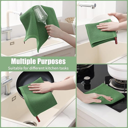 Kitinjoy 100% Cotton Kitchen Towels and Dishcloths Set, 8 Pack Waffle Weave Dish Towels Ultra Soft Absorbent Quick Drying Dish Rags, 13 x 28 Inch and 12 X 12 Inch, Grass Green