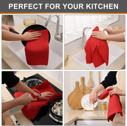 Kitinjoy 100% Cotton Waffle Weave Kitchen Towels, 4-Pack Super Soft and Absorbent Dish Towels for Drying Dishes, Kitchen Hand Towels, 13 in x 28 in, Red
