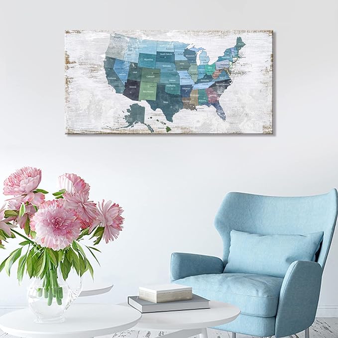 Map of The United States Wall Decor Map Canvas Wall Art for Wall Decoration Wood Background USA Canvas Prints for Bedroom Office Kitchen Home Wall Decor Framed Artwork Ready to Hang30"x60"