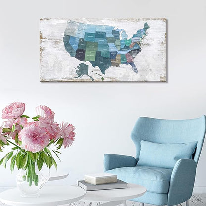 Map of The United States Wall Decor Map Canvas Wall Art for Wall Decoration Wood Background USA Canvas Prints for Bedroom Office Kitchen Home Wall Decor Framed Artwork Ready to Hang24"x48"