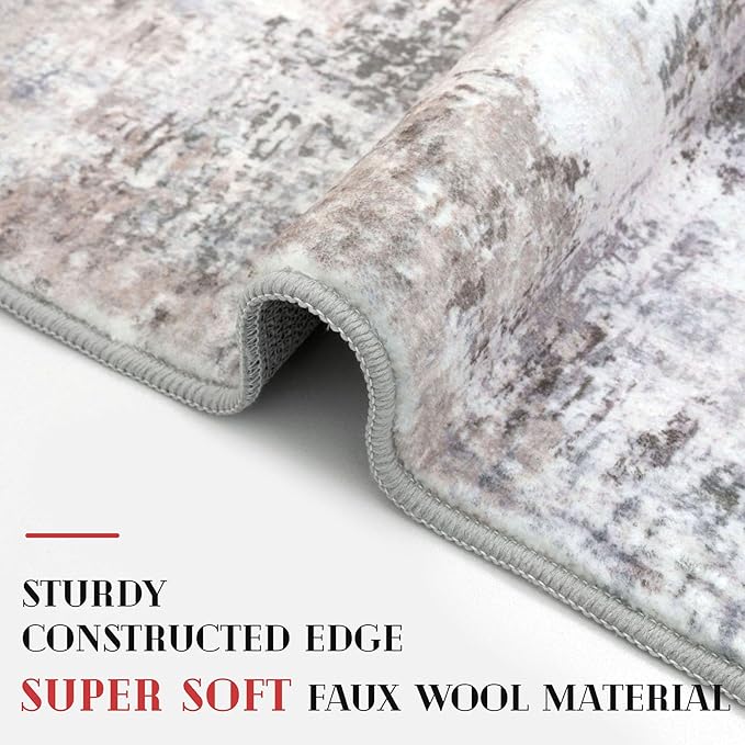 Modern Abstract Runner Rug 2x12, Beige Grey Neutral Washable Long Kitchen Runner Non-Slip Soft Hallway Rug Runner Thin Print Faux Wool Carpet for Entryway Bedroom Laundry Room Indoor