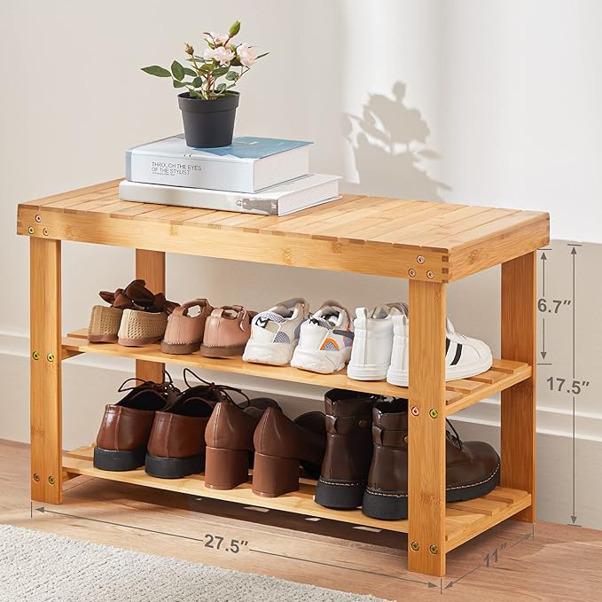 Pipishell 3 Tier Bamboo Shoe Rack Bench - Sturdy Organizer Holds up to 300lbs for Entryway, Bedroom, Living Room, Balcony
