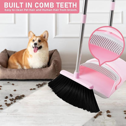 Broom and Dustpan Set, Broom with Dustpan Combo Set for Home 54-in Long Adjustable Handle Dustpan Teeth to Clean Hair for Home Office Kitchen Lobby(Pink)