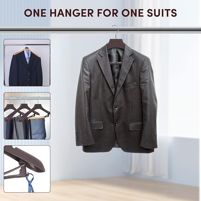 DEDU Suit Hangers for Men 20 Pack, Brown Coat Hangers Extra Wide Non Slip Width 17.7", Thick Plastic with Pants Bar & Metal Hook