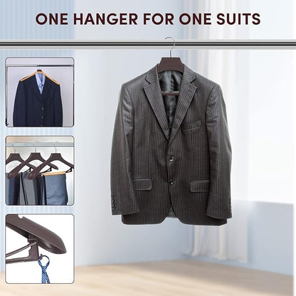 DEDU Suit Hangers for Men 20 Pack, Brown Coat Hangers Extra Wide Non Slip Width 17.7", Thick Plastic with Pants Bar & Metal Hook