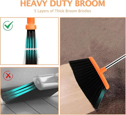 Broom and Dustpan Set,Dustpans with Broom Combo for Home,Heavy Dust Broom and Dustpan Combo,Long Handle Dust Pan and Broom Set for Kitchen Office,Pet Hair(Brown Orange)
