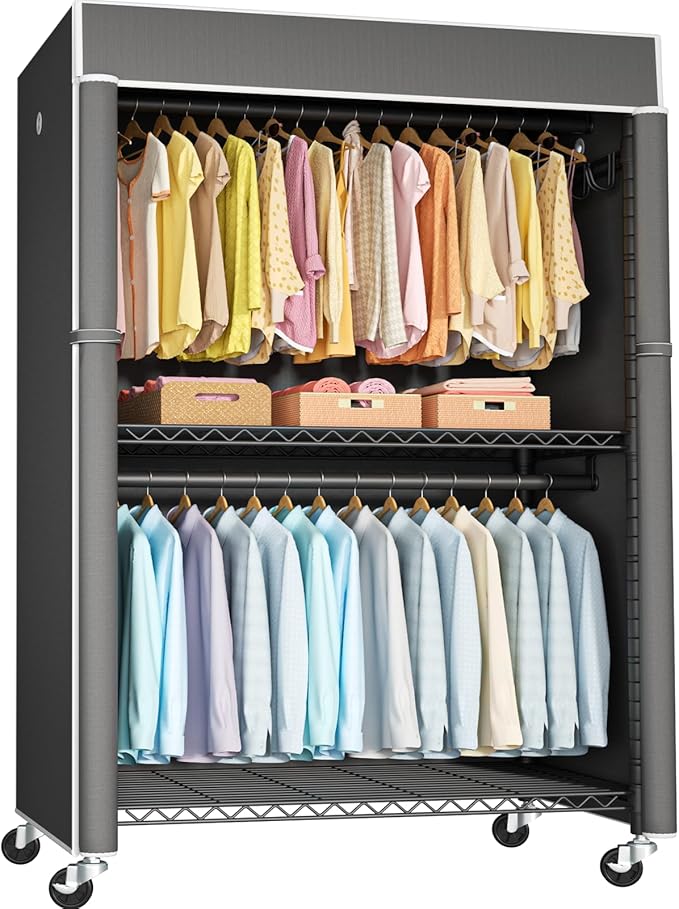 Black Clothing Rack with Dark Gray Cover, P1C Plus Rolling Closet with Wheels, Metal Garment Rack for Hanging Clothes, Clothing Storage Wardrobe, 46" W x 18.5" D x 80.7" H, Load 524 Pounds