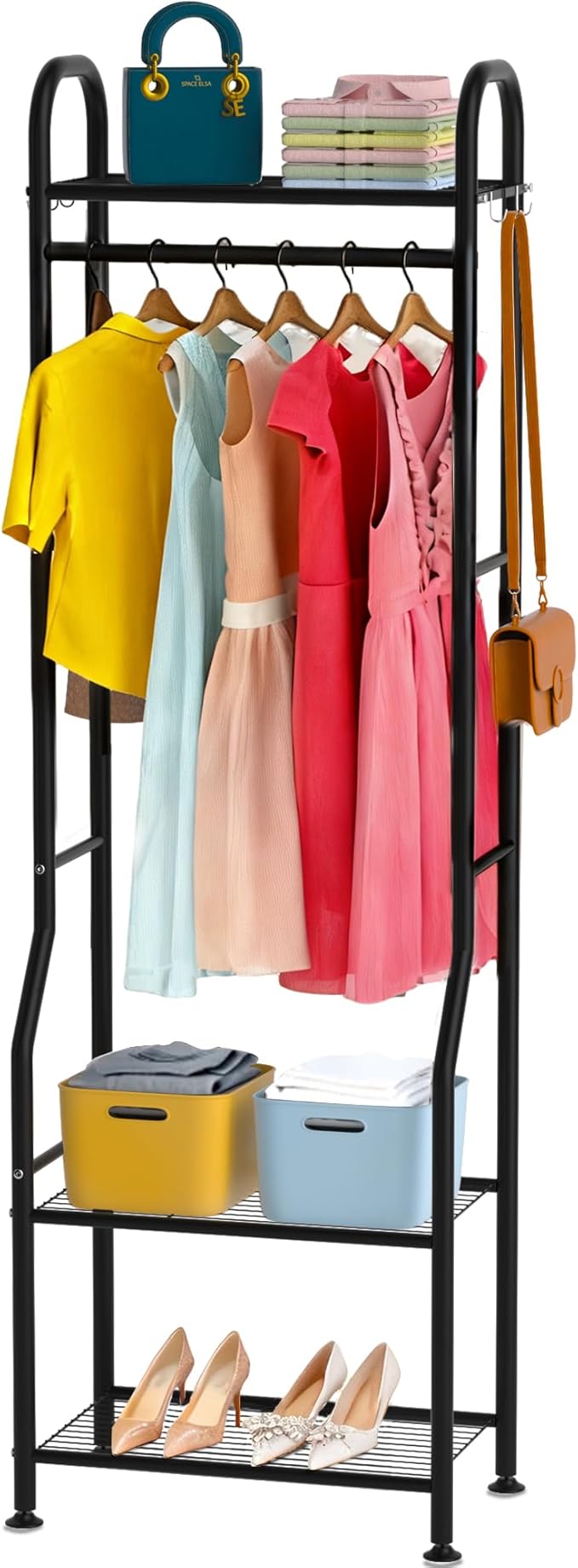 Narrow Clothing Rack with 3 Tier Metal Shelves, 71.9 Inch Tall Garment Rack with 8 Hooks, Freestanding Closet Organizer with Adjustable Leveling Feet for Small Space, Bedroom (Black)