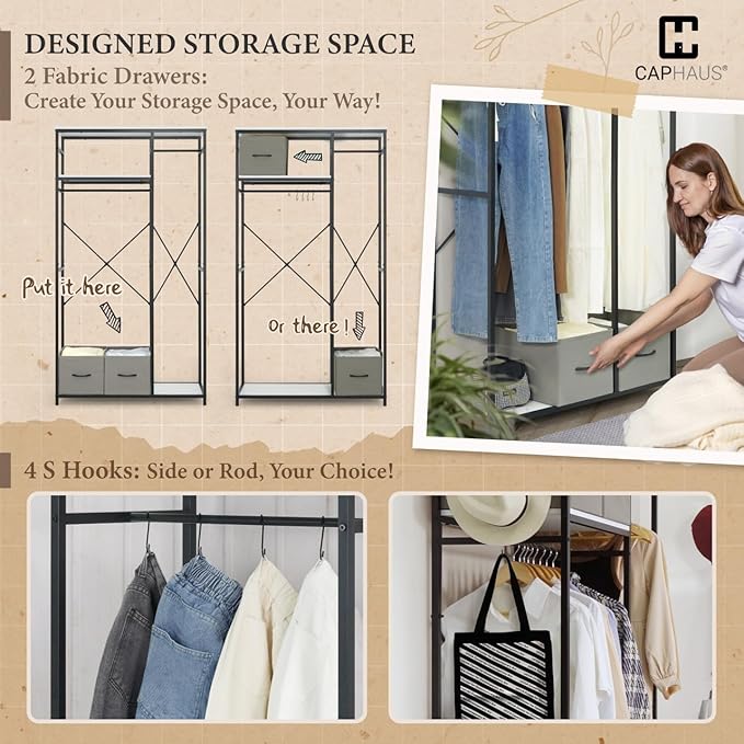 CAPHAUS 550lbs Capacity Garment Rack for Hanging Clothes, Heavy Duty Metal Open Wardrobe w/Hanging Rods & Drawers, Free Standing Closet Organizer, Metal Closet w/Wooden Boards, Rustic Oak Board