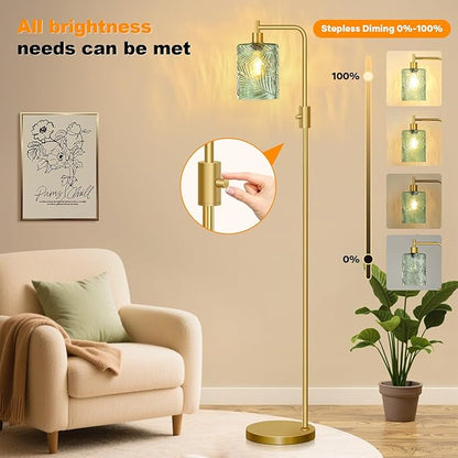 【Upgraded】 Dimmable Glass Floor Lamp for Living Room, Modern Gold Standing Lamp with Green Feather Glass Lampshade & Knob Dimmer, Arc Tall Lamp for Bedroom Office Reading Room, 2700K Led Bulb Included