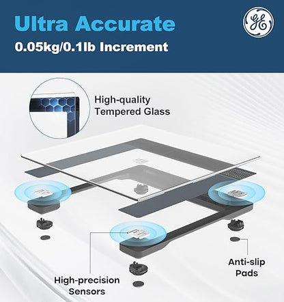 GE Bathroom Scale for Body Weight: Highly Accurate Digital Scale Weighing Machine with Clear Tempered Glass, 11.8" Large Platform, LED Display, 400 lbs, 4 Units, with Body Tape Measure and Batteries